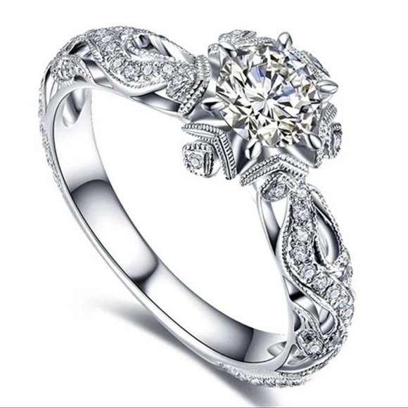 Jewelry - Round Diamond Cut CZ White 925 Sterling Silver Art Deco Halo Engagement Ring
